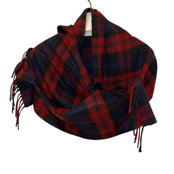 Vintage blue red cashmaire acrylic stewart plaid fringe trim scarf - Picture 2 of 5